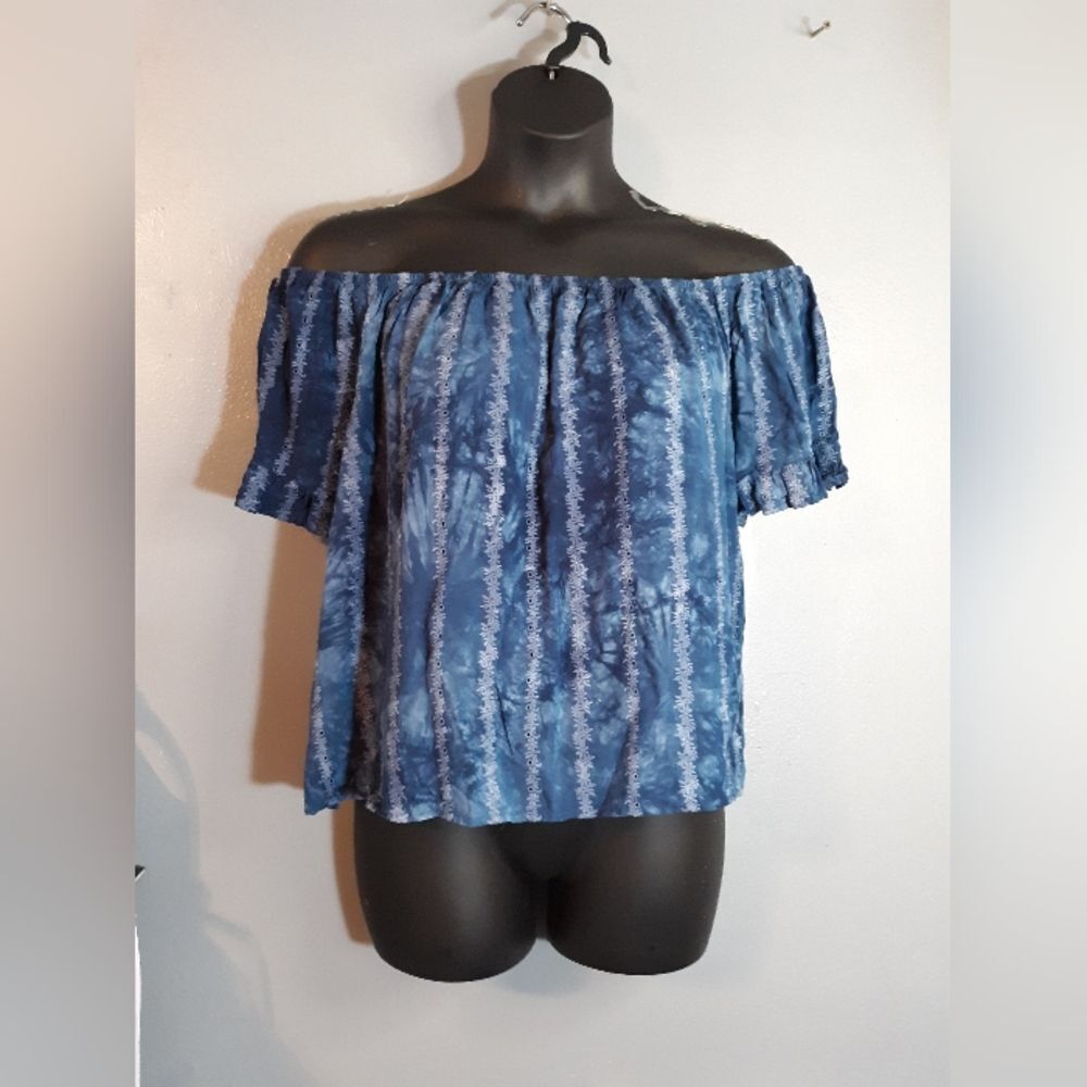Knox Rose blue floral embroidered off shoulder blouse